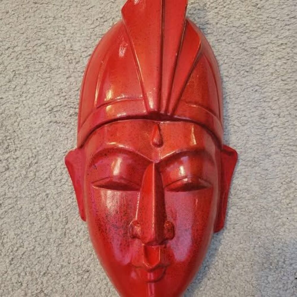 Wood Mask Asian tribal wall decor red roughly 14in tall